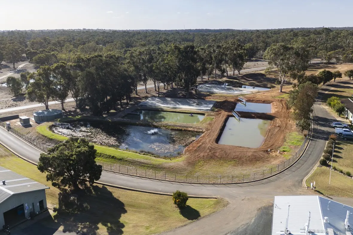 Aerial views of the eight new purpose-built aquaculture ponds for endangered Macquarie Perch breeding at Narrandera Fisheries Centre, funded by Snowy Hydro under the Snowy 2.0 Threatened Fish Management Plan.