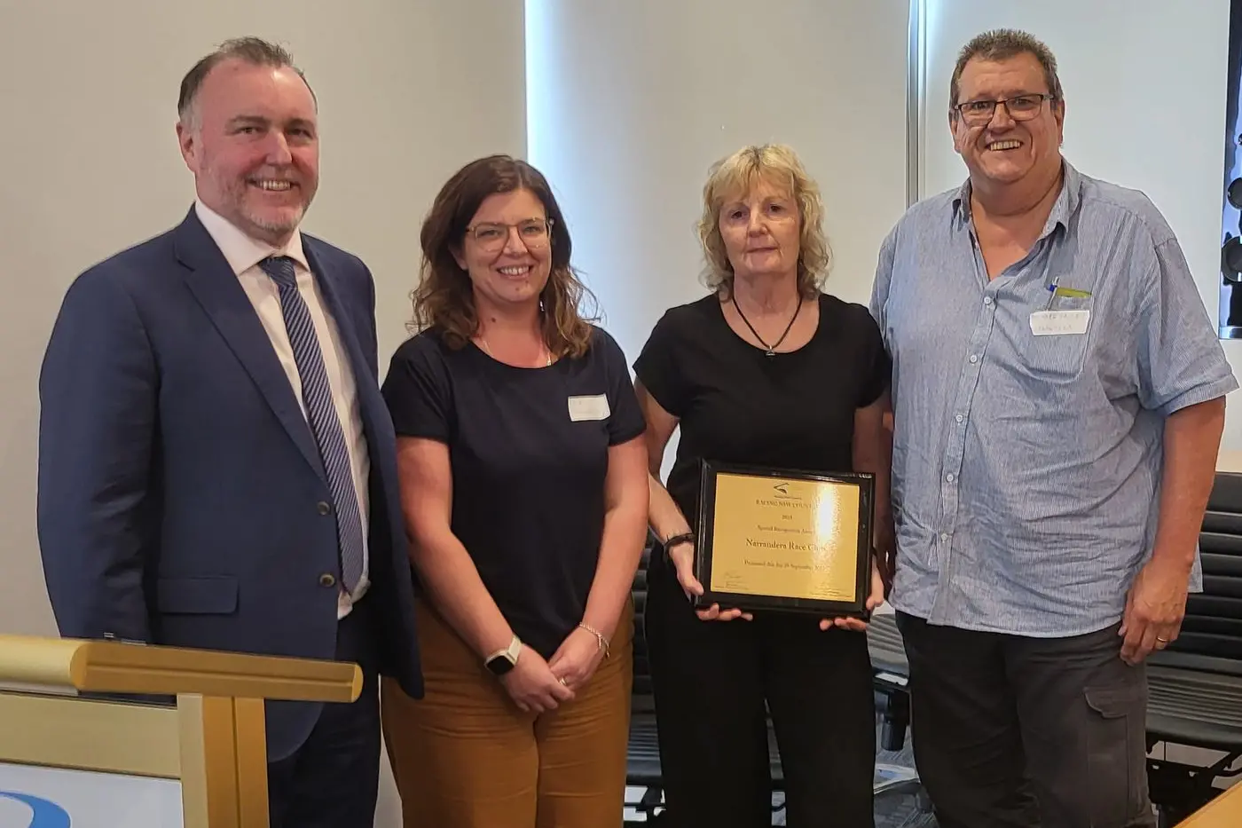 Brian Charman (NSW Racing Executive Officer) with Narrandera Race Club Committee members Fiona Ingram, Lee Sweeney and Michael Bailey.\\n