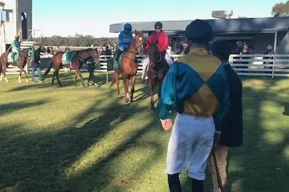 Horses and jockeys preparing to race in what was a perfect sunny day for racing at Narrandera.