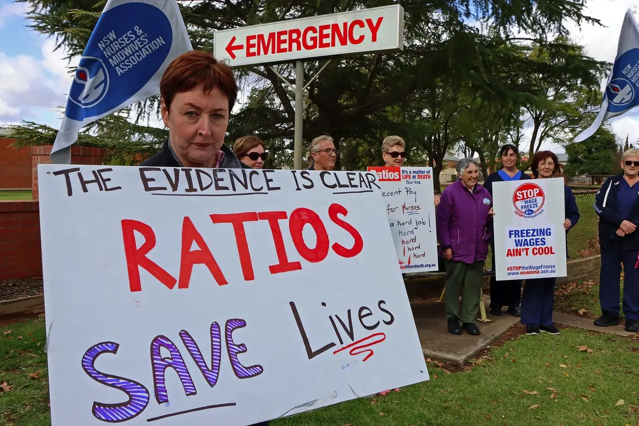 Leanne Driscoll and her colleagues at their protest over nurse-to-patient ratios and a wage increase. Photo: Kim Woods