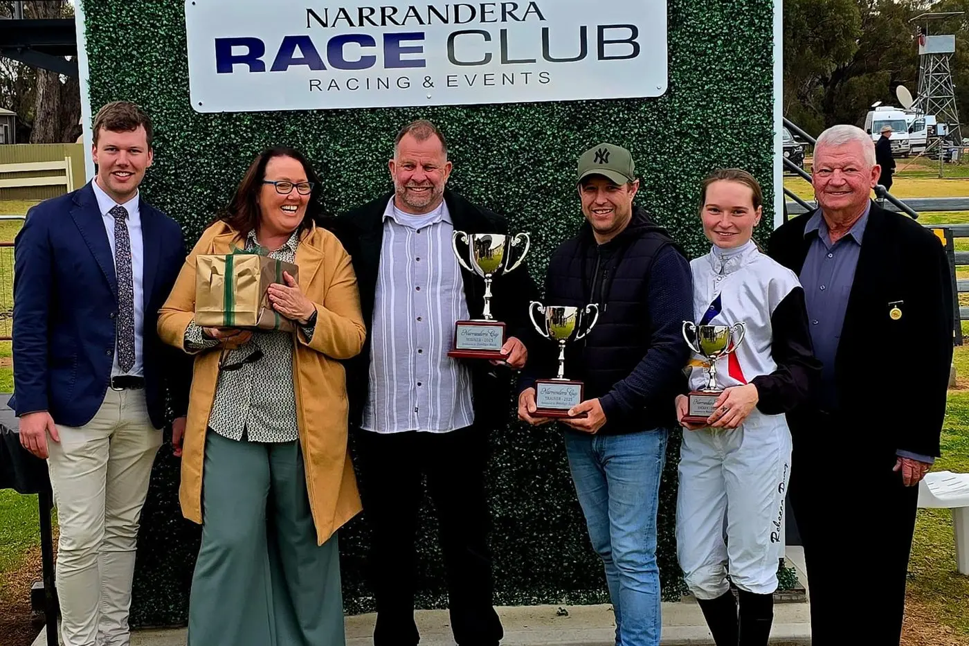 Jack Langley, Tina Rushworth, David Wilson, Luke Pepper (trainer), Rebecca Bronnett (jockey) and Narrandera Race Club President Graeme Mathieson. PHOTO: Dusty Hooves Media.