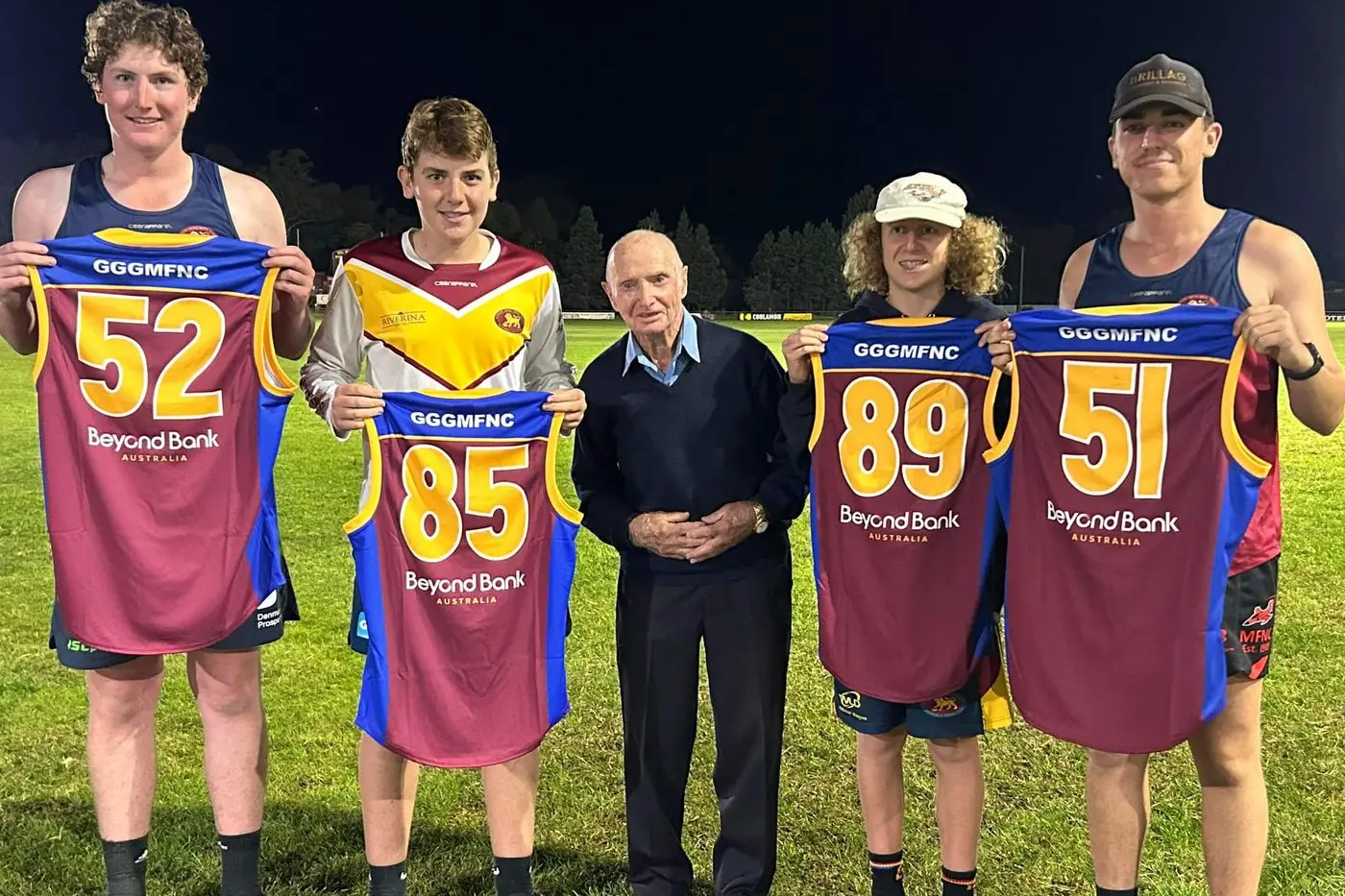 Ganmain-Grong Grong-Matong Lions Football/Netball Club had their jumper presentation and were lucky enough to have Len Brill present the jumpers. Len was thrilled to present them, especially to four of his great grandsons, Connor, Tyler and Baxter Smith, and Artie Crozier.   Len himself played in eight premiership winning teams, one of which was 1953 - 70 Year Reunion this year. Len turns 97 this year and still enjoys coming to watch the Lions play. \\n