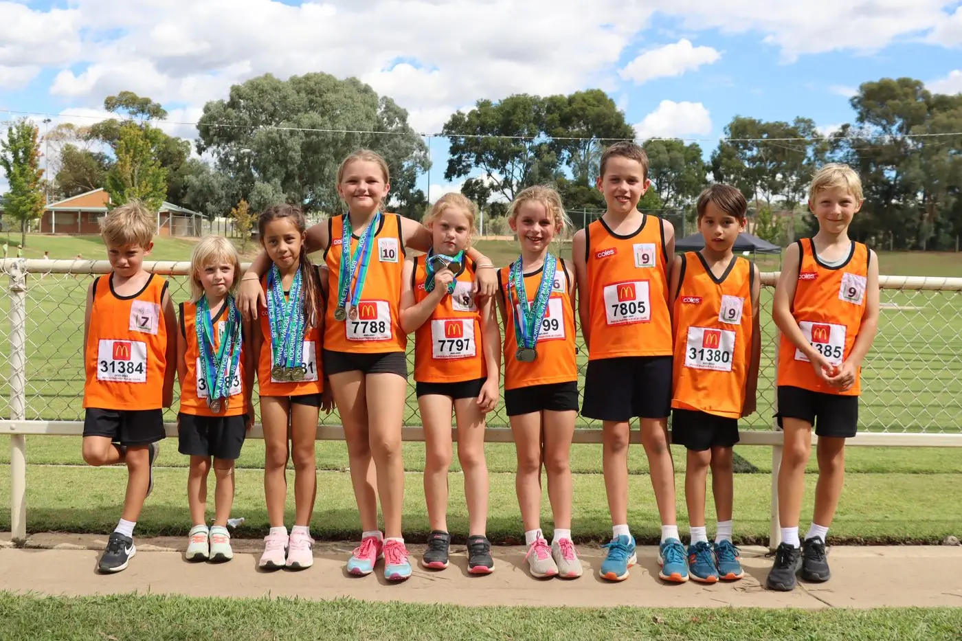 Representing Narrandera at the 42nd annual Kooringal-Wagga Athletics Carnival on Sunday were (from left) Alex Burns, Anna Burns, Kaia Park, Niesha Whiteman, Emily Macdonald, Evie Vidler, Harry Vidler, Hunter Park and Aiden Burns. (Isabelle and Madelyn Stockdale absent from photo).