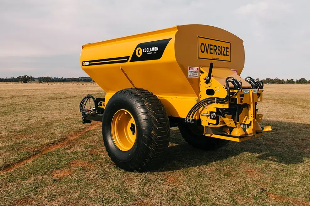 The Coolamon CS range of spreaders is the only one on the market with a one metre cleated belt and variable sized cones. Photo: Supplied