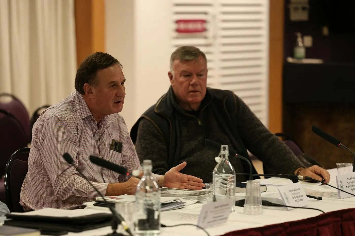 David Farley (right) listens as Darren De Bortoli (left) gives evidence at the Griffith Public Hearing last Wednesday.