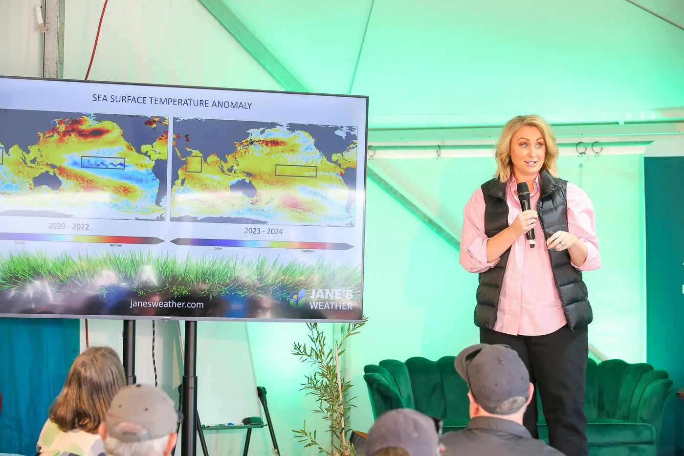 Meteorologist Jane Weather officially opened the 61 st field days and spoke about the seasonal outlook at Agtech Alley. Image Andy Rogers