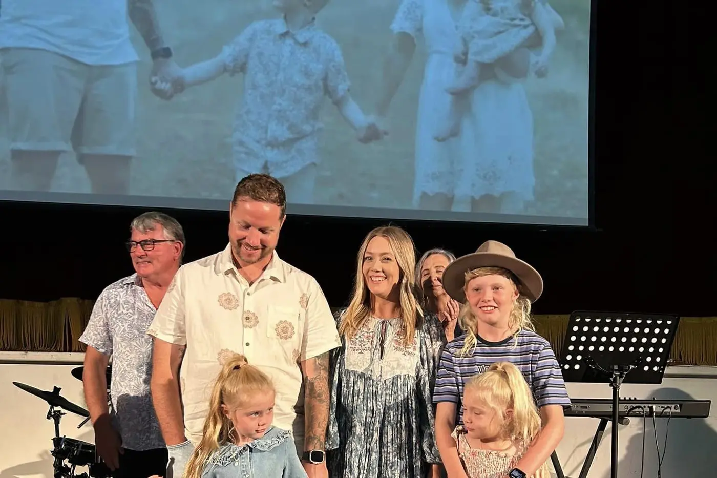 Newly inducted Narrandera CRC Senior Pastor Jereny Campbell and his wife Toni with their three three children Micah, Flossy and Lettie, together with the previous senior pastor Trevor Murphy and his wife Sandra (at rear).