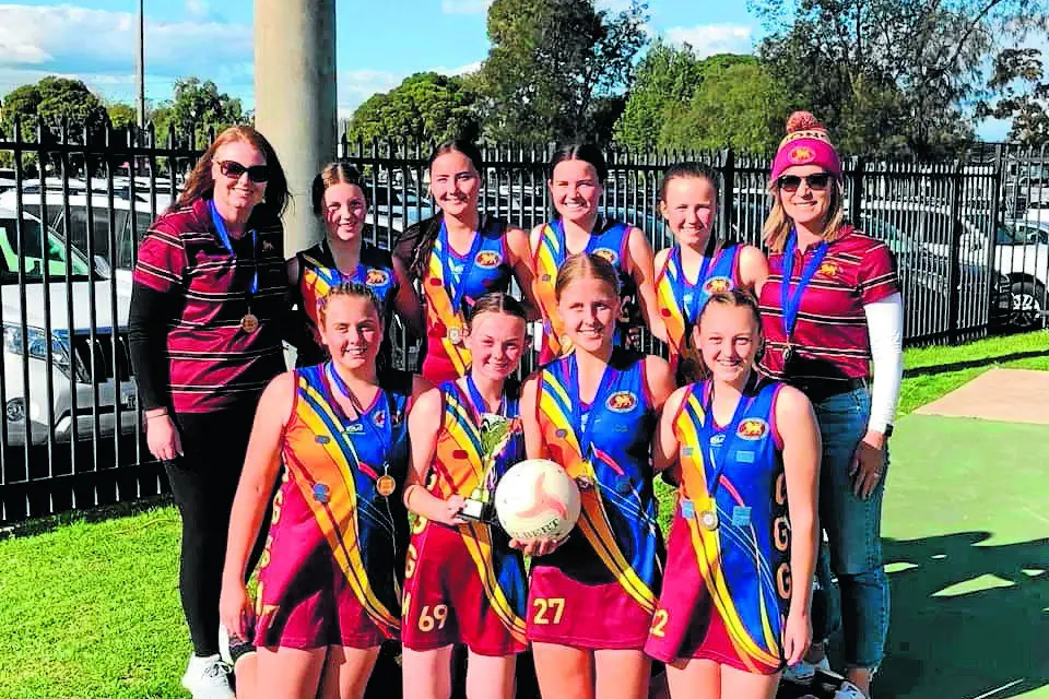 2020 premiers GGGM Lions Under 14 netball team after their win against Turvey Park. Back row: Lycinda Harris (coach), Claudia Bingham, Anna Sase, Kaitlin Logan, Dallas Harris, Kerrilee Logan (coach). Front row: Chloe Clark, Ava Pritchett, Eliza Walsh, Lacey Harris. Photo supplied