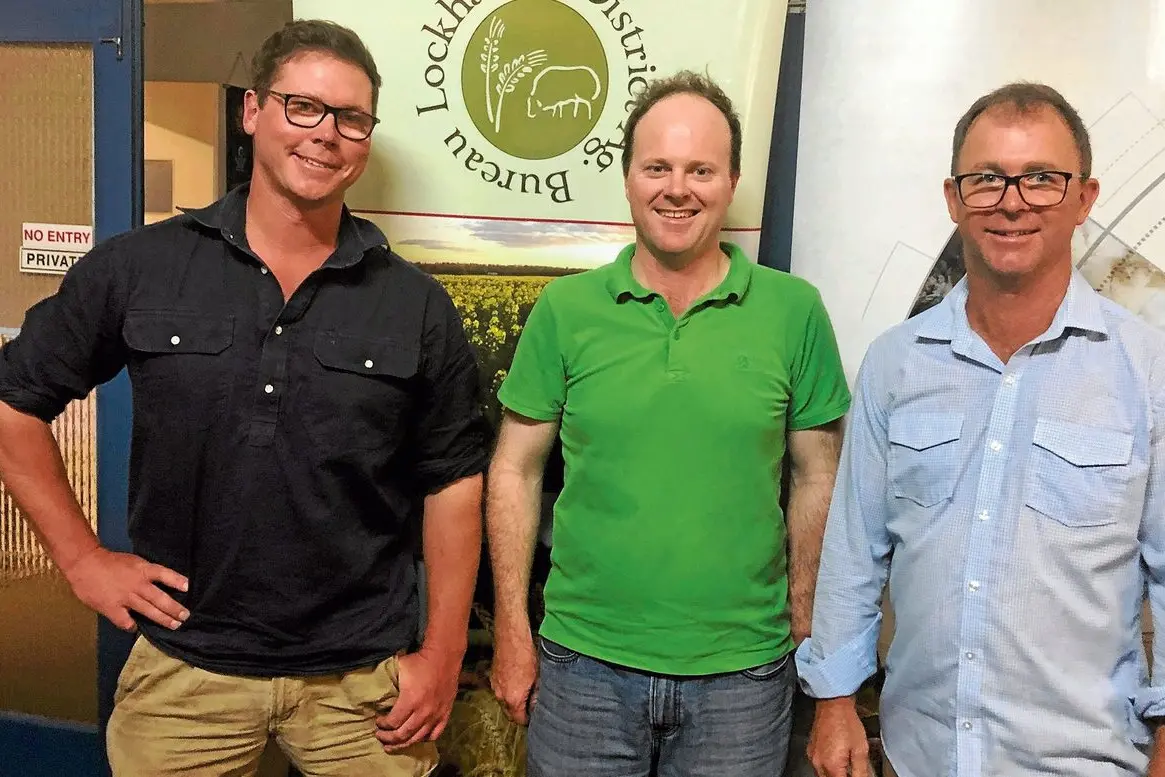 Lockhart Ag Bureau president Adam Lane with secretary Mark Day and treasurer David Gooden at the crop awards evening. Photo: Supplied