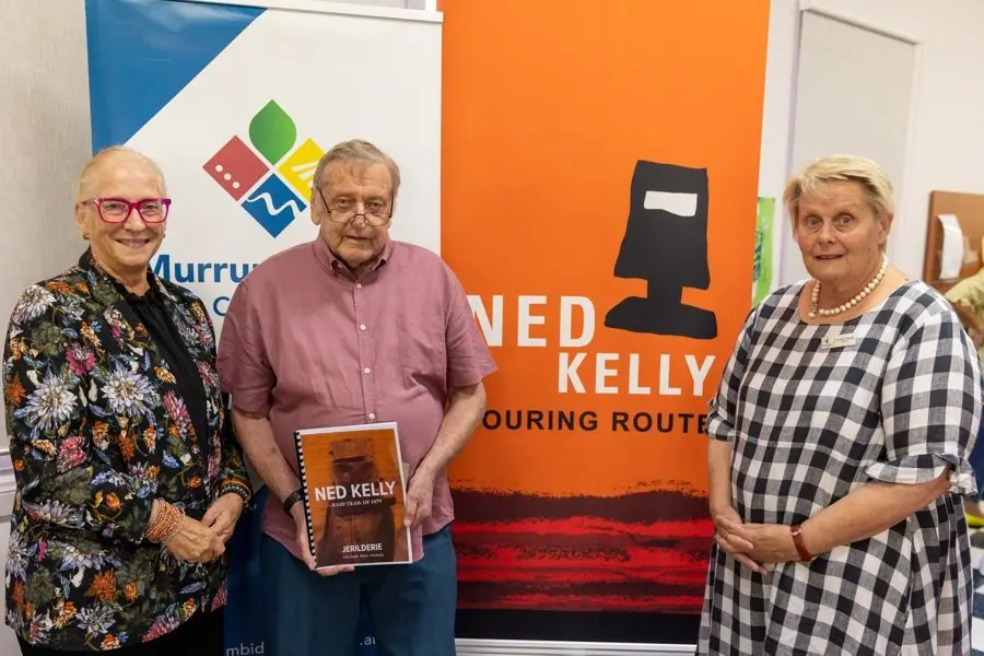 Pictured at the launch of the Ned Kelly Heritage Project (L-R) Senior Projects Officer from Heritage NSW Maruschka Loupis, local historian Laurie Henery and Murrumbidgee Mayor Ruth McRae.