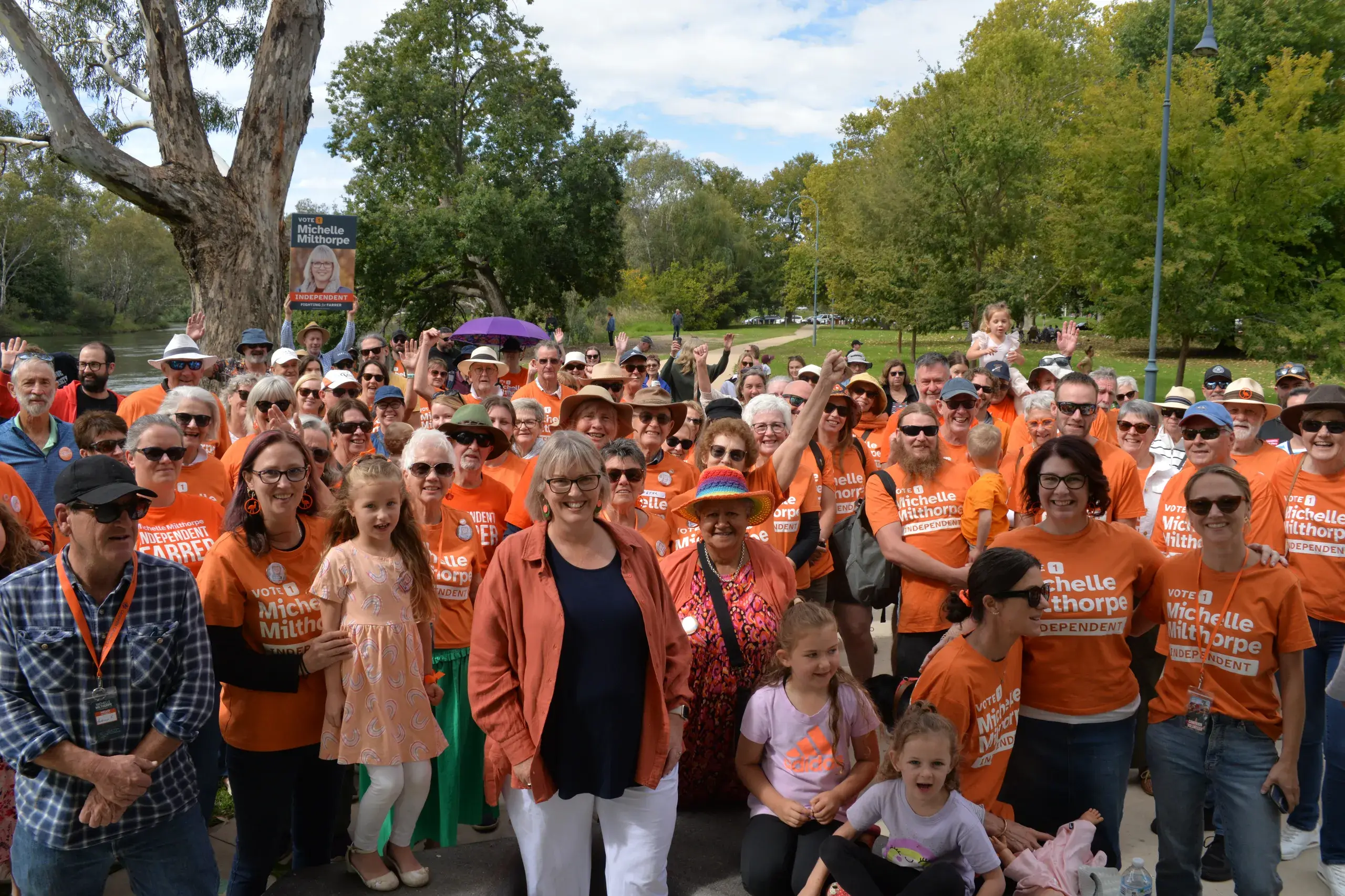 <p>ANOTHER TILT: Michelle Milthorpe (centre) with her community supporters has indicated she will nominate for the Farrer byelection.</p>\\n