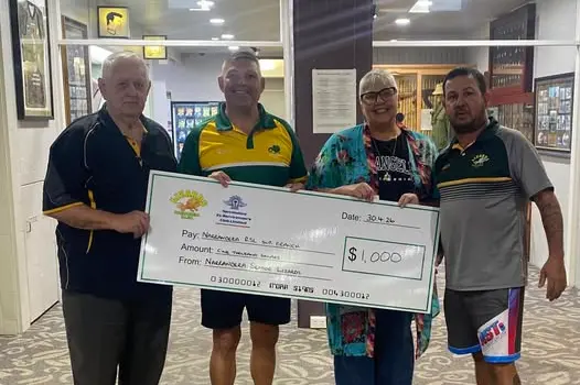 <p>Narrandera Lizards president Corey Prior, vice president Shaun Lyons, Narrandera RSL sub-branch president Kristen Clancy and former president, now secretary, Neville Wortlehock.</p>\\n