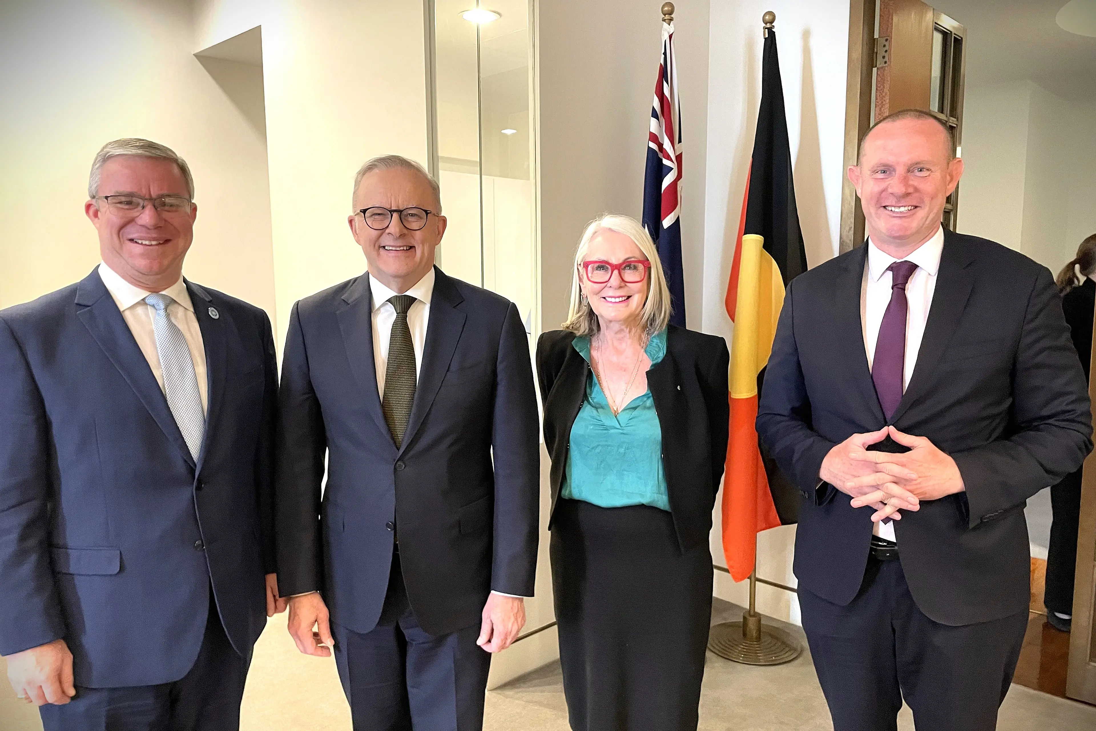 <p>Rick Firman OAM, Prime Minister Anthony Albanese MP, Phyllis Miller OAM and Darcy Byrne.</p>\\n